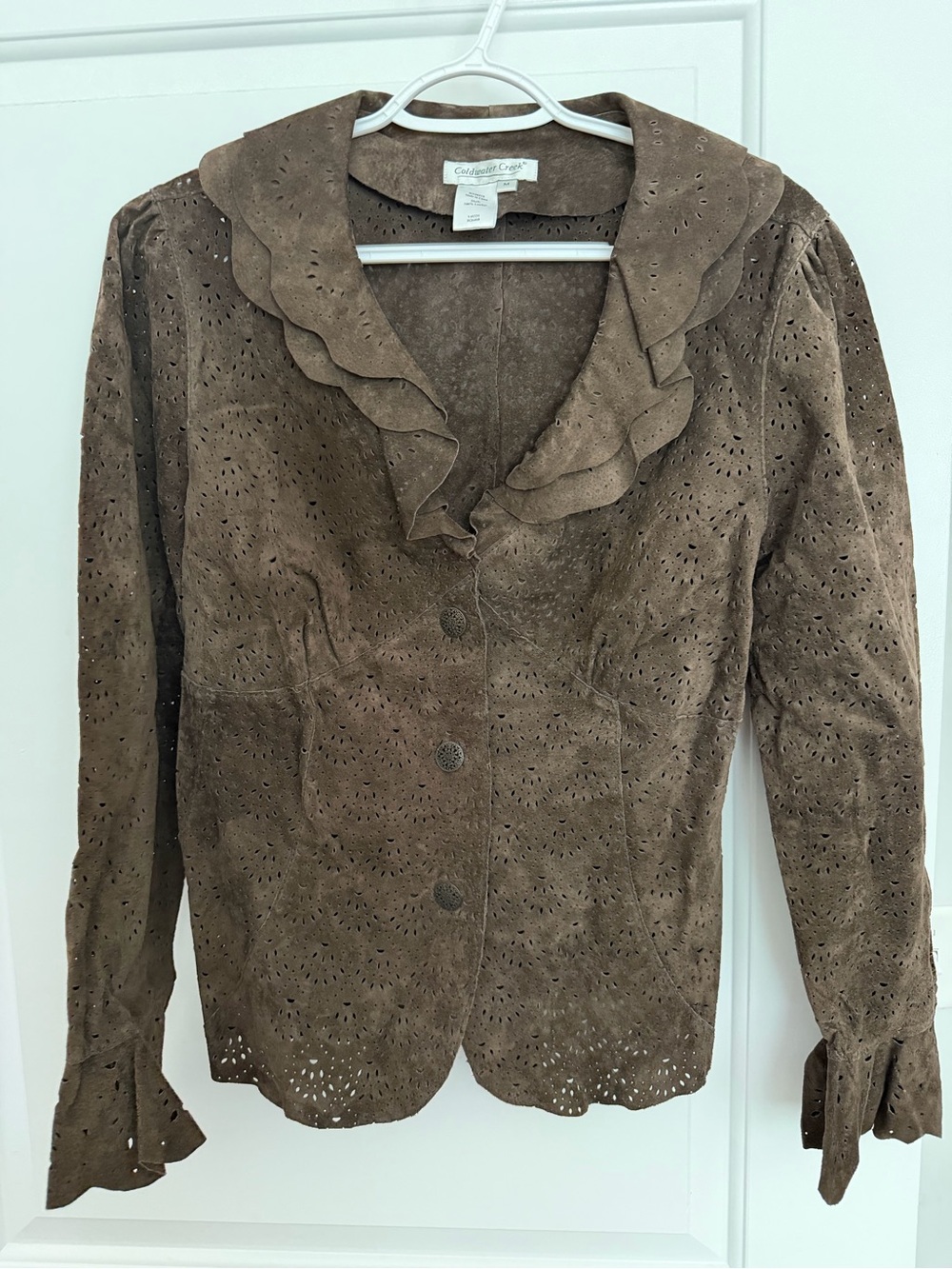 Coldwater Creek Brown Genuine Leather Suede Ruffle Eyelet Jacket